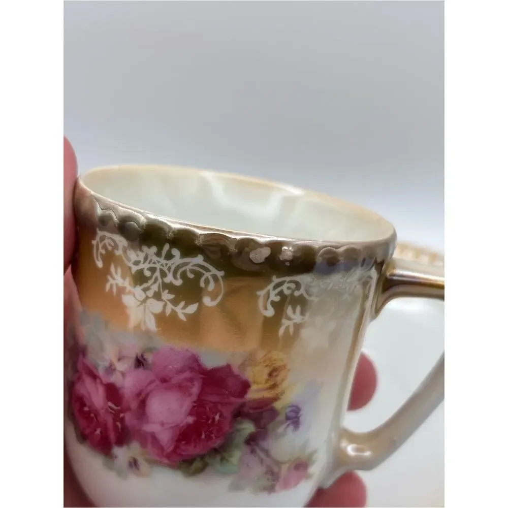 Vintage Lusterware Rose Teacup and Saucer, Zwickau Porcelain Factory Germany